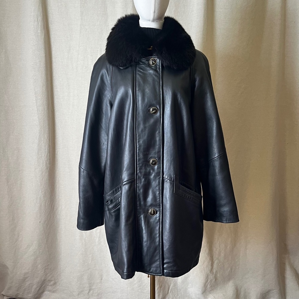 Vintage Black Leather Coat Removable Fox Fur Collar LNR Nordstrom‎ Size Large